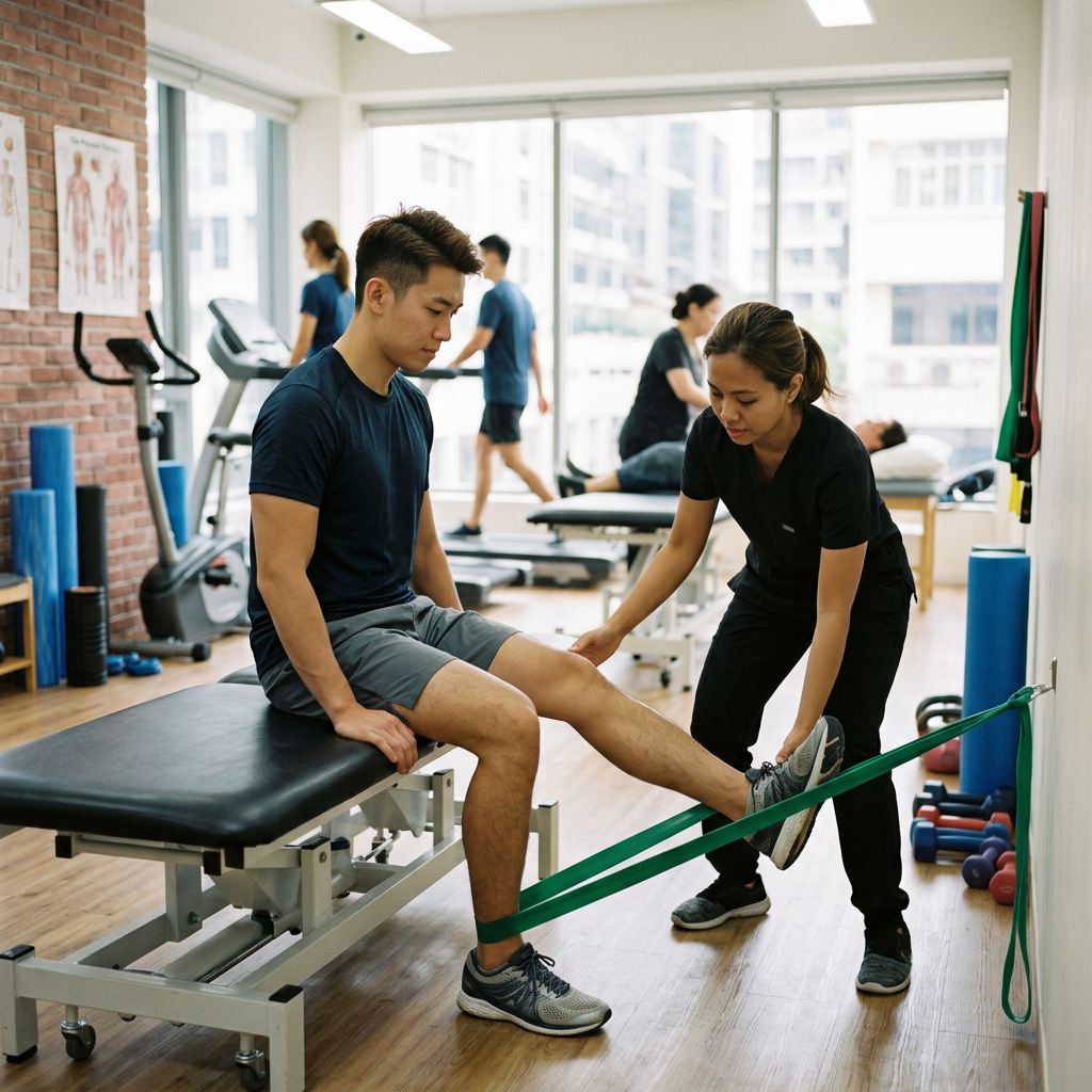 Physical therapist guiding seated patient through resistance band leg exercise