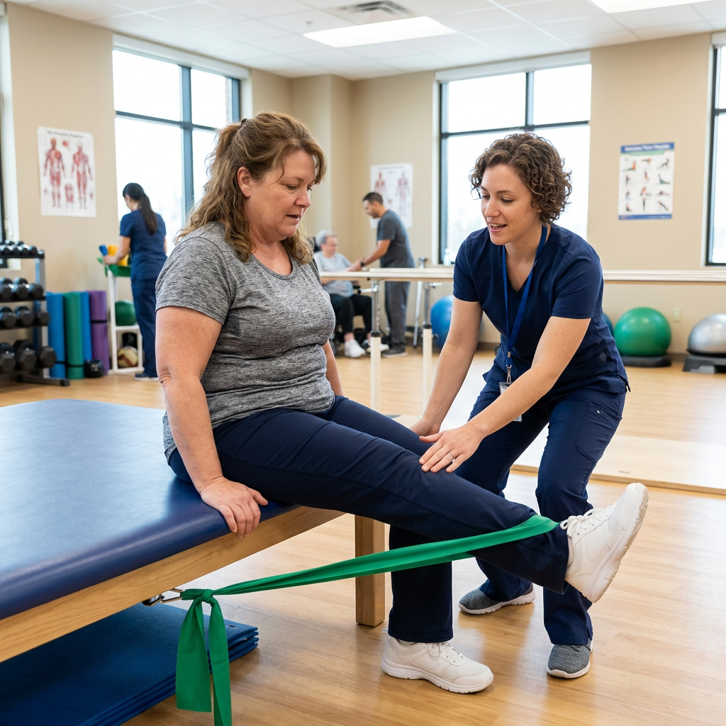 Therapist guides seated patient performing leg exercise with resistance band
