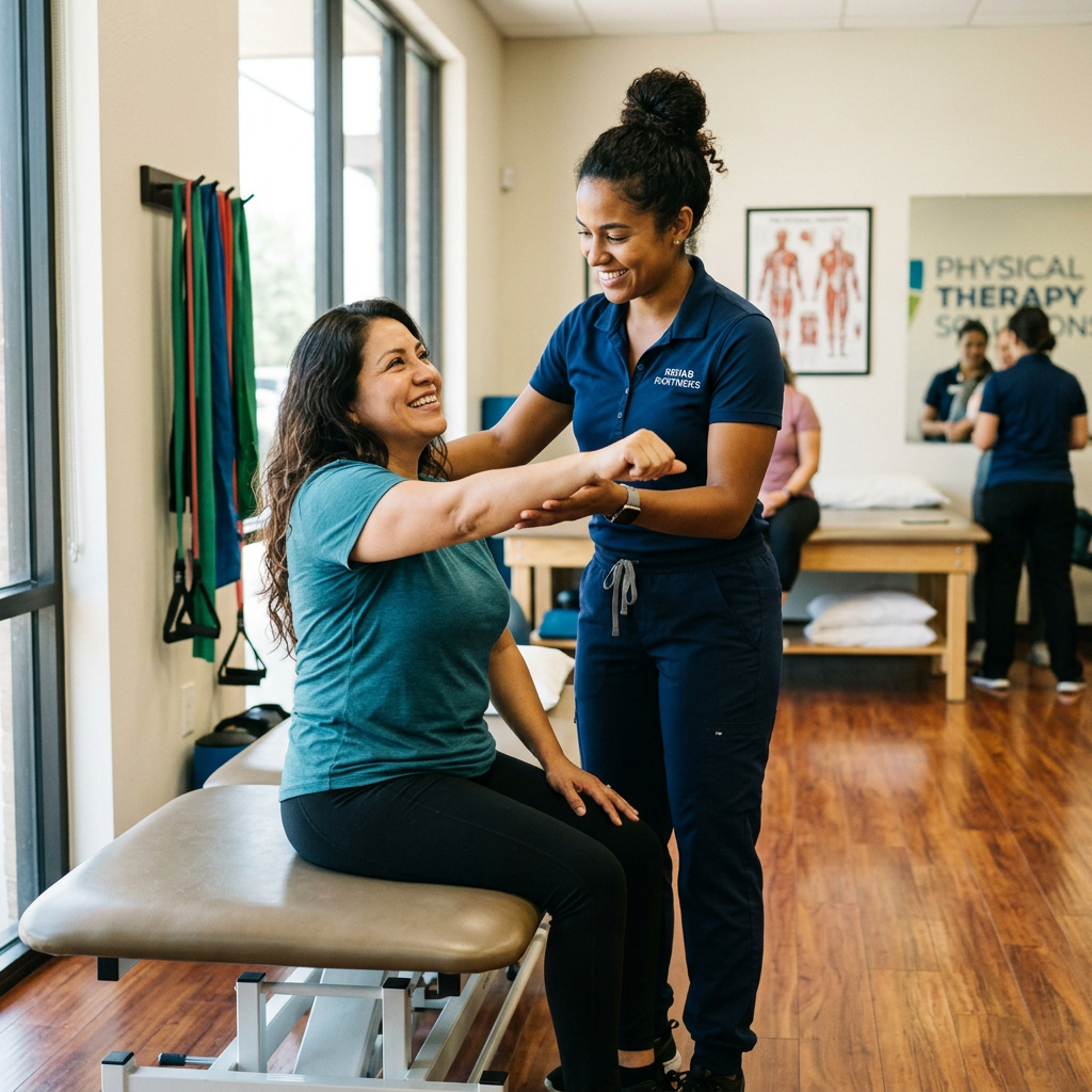 Physical therapist assisting seated patient with arm exercise in clinic