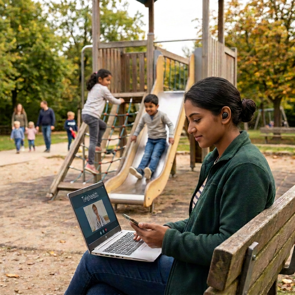 Young Indian mother with Indian children at park